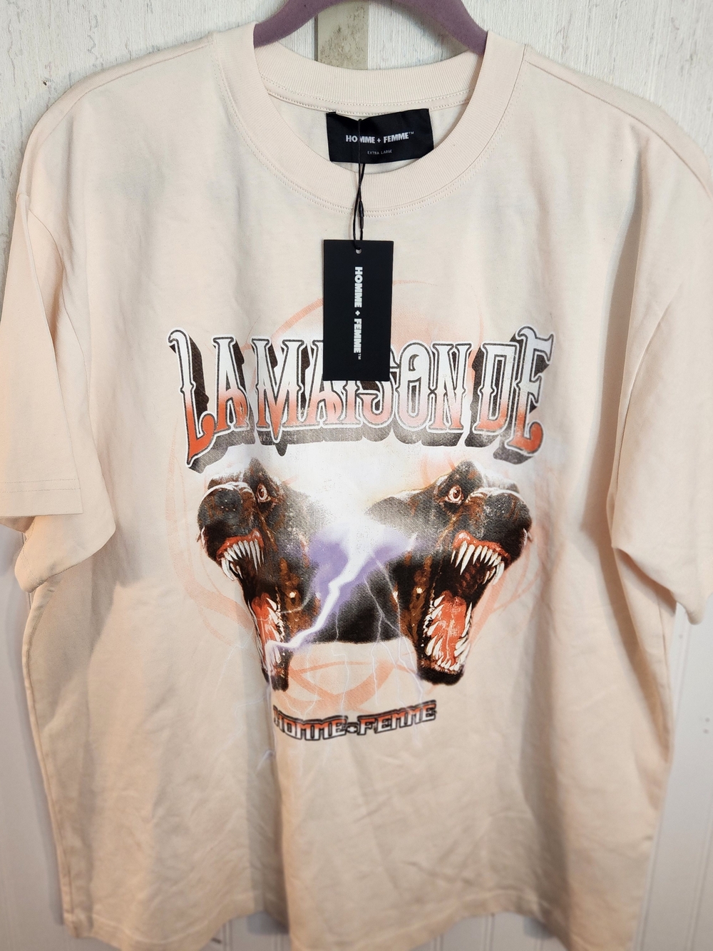 La Femme Cream Tee with Orange and Purple Graphic